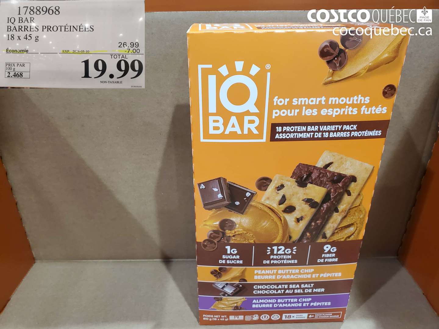 1788968 IQ BAR BARRES PROTÉINÉES 18 X 45 G ($7.00 INSTANT SAVINGS EXPIRES ON 2026-05-10) $19.99