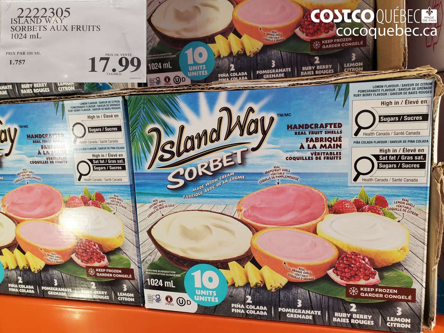 2222305 ISLAND WAY SORBETS AUX FRUITS 1024 ML $17.99