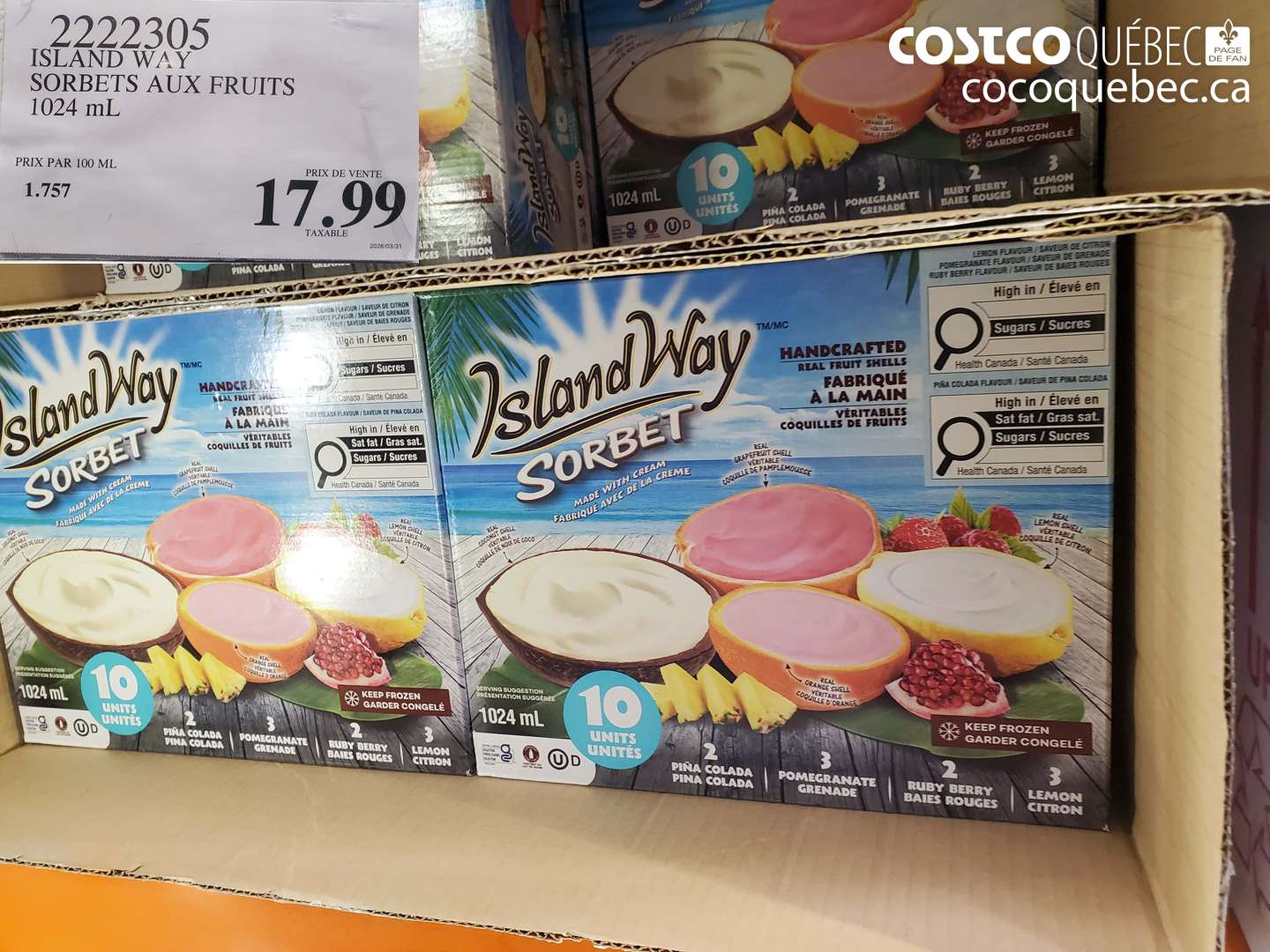 2222305 ISLAND WAY SORBETS AUX FRUITS 1024 ML $17.99