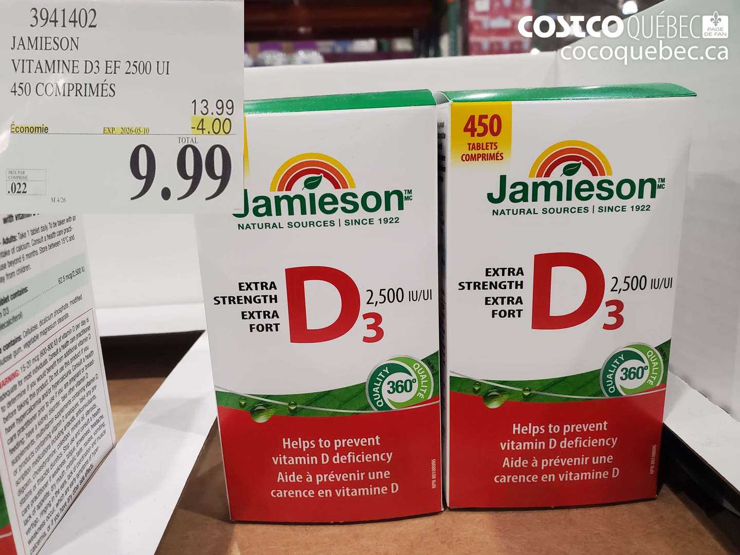 3941402 JAMIESON VITAMINE D3 EF 2500 UI 450 COMPRIMÉS ($4.00 INSTANT SAVINGS EXPIRES ON 2026-05-10) $9.99