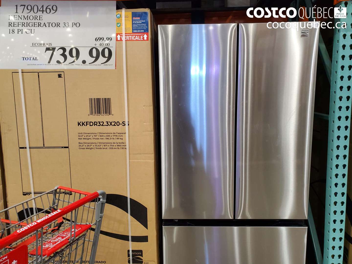 1790469 KENMORE REFRIGERATOR 33 PO 18 PI CU $739.99