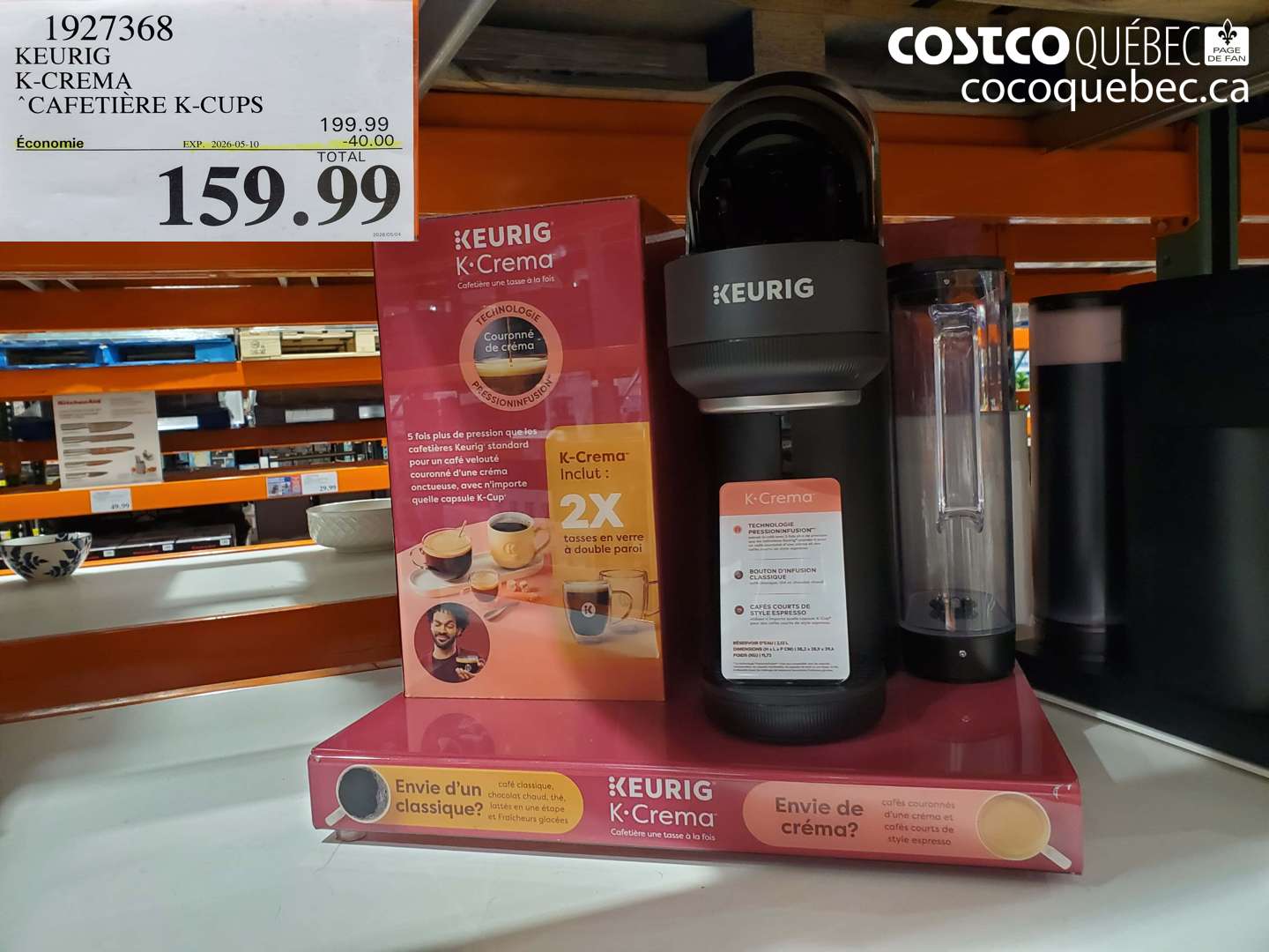 1927368 KEURIG K-CREMA CAFETIERE K-CUPS ($40.00 INSTANT SAVINGS EXPIRES ON 2026-05-10) $159.99