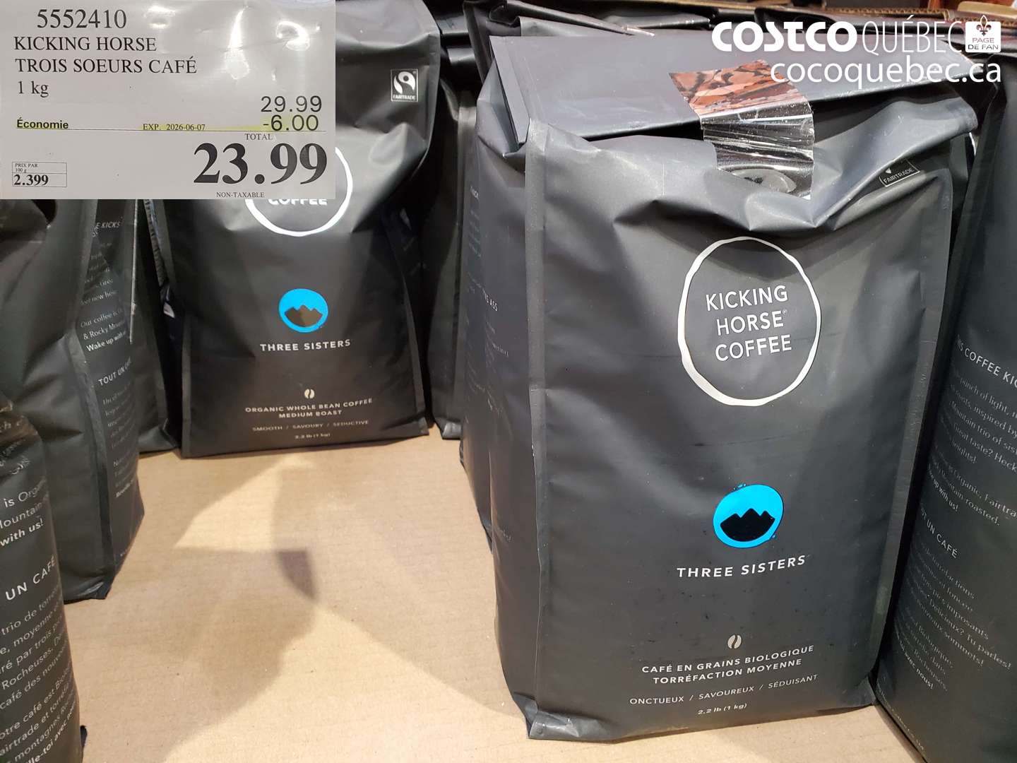 5552410 KICKING HORSE TROIS SOEURS CAFÉ 1 KG ($6.00 INSTANT SAVINGS EXPIRES ON 2026-06-07) $23.99