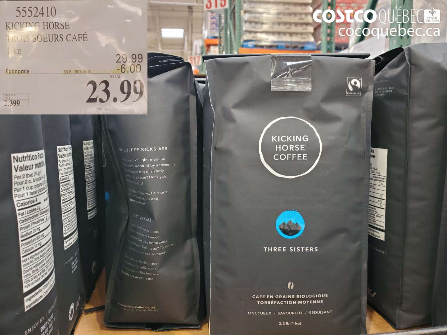 5552410 KICKING HORSE TROIS SOEURS CAFÉ 1 KG ($6.00 INSTANT SAVINGS EXPIRES ON 2026-06-07) $23.99