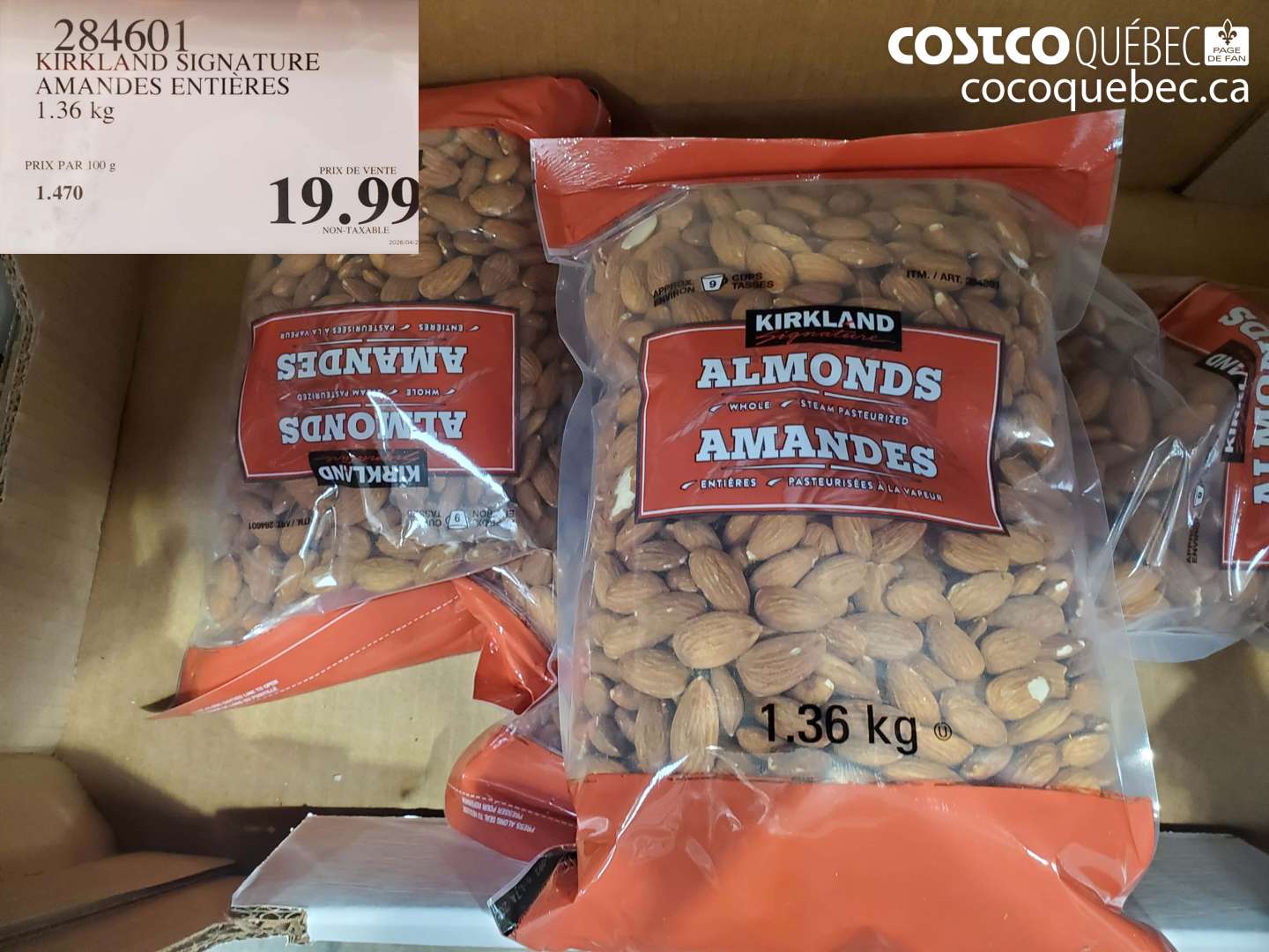 284601 KIRKLAND SIGNATURE AMANDES ENTIÈRES 1.36 KG $19.99