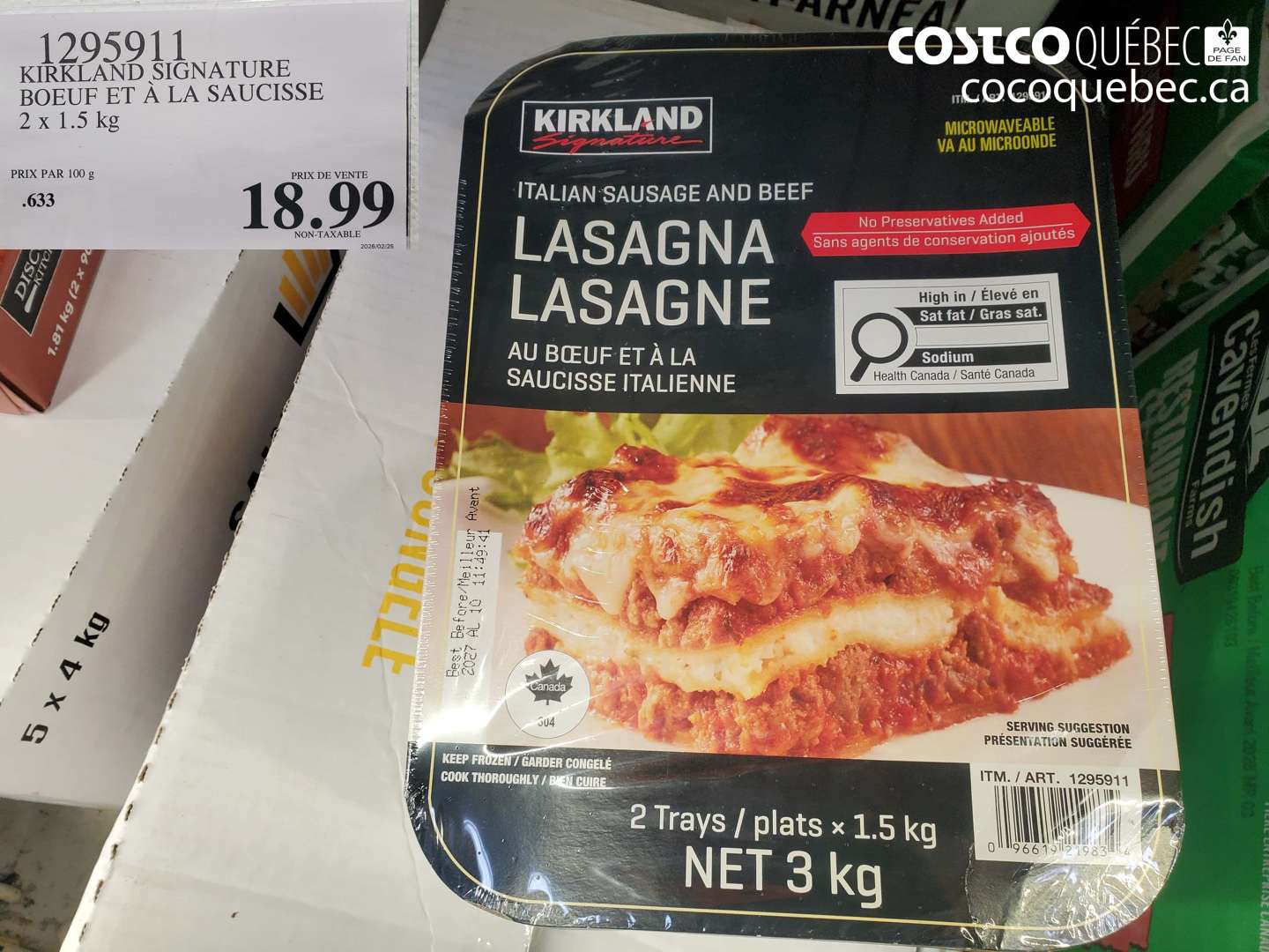1295911 KIRKLAND SIGNATURE BOEUF ET À LA SAUCISSE 2 x 1.5 kg $18.99