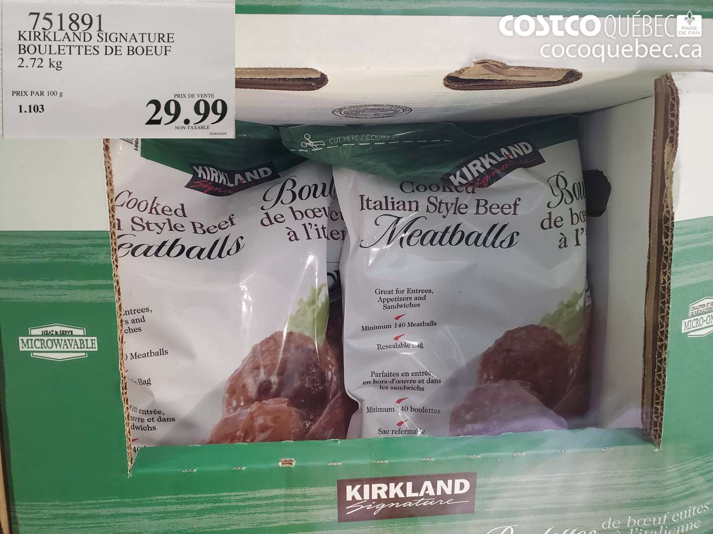 751891 KIRKLAND SIGNATURE BOULETTES DE BOEUF 2.72 KG $29.99
