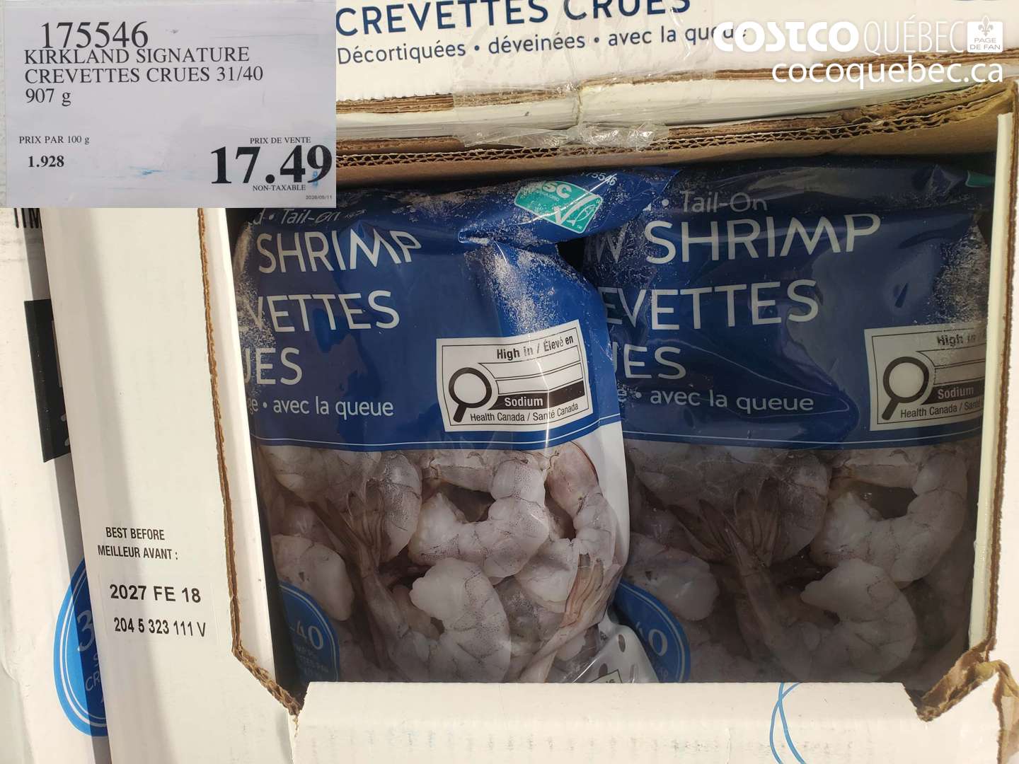 175546 KIRKLAND SIGNATURE CREVETTES CRUES 31/40 907 G $17.49