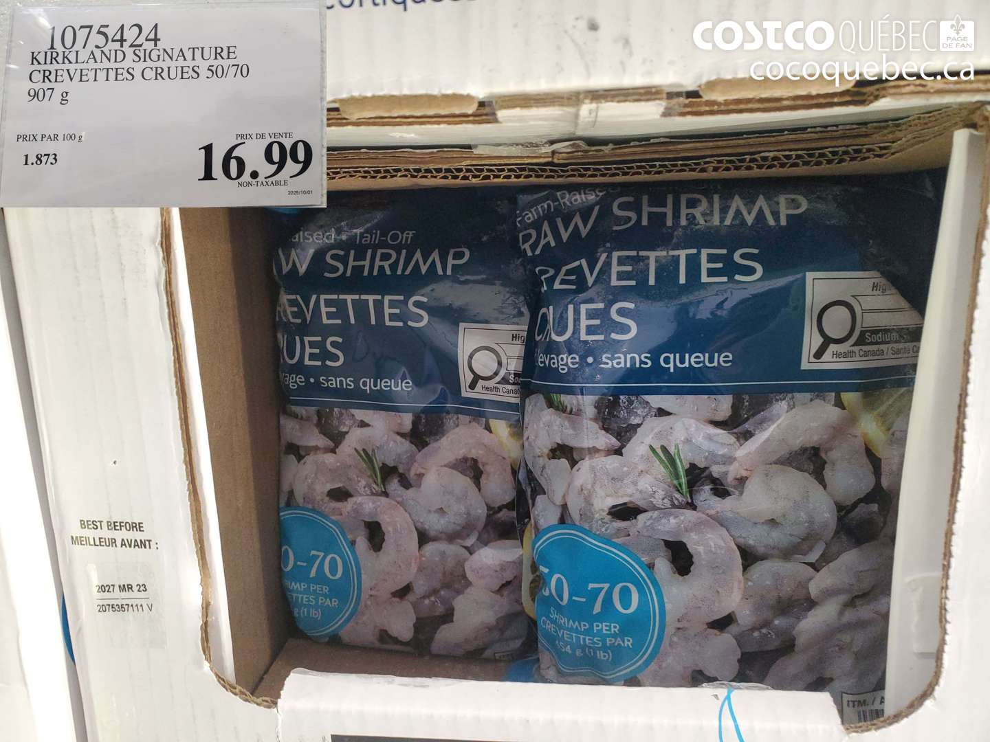 1075424 KIRKLAND SIGNATURE CREVETTES CRUES 50/70 907 G $16.99