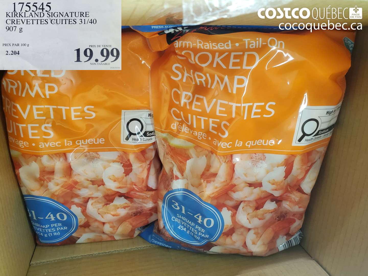 175545 KIRKLAND SIGNATURE CREVETTES CUITES 31/40 907 G $19.99