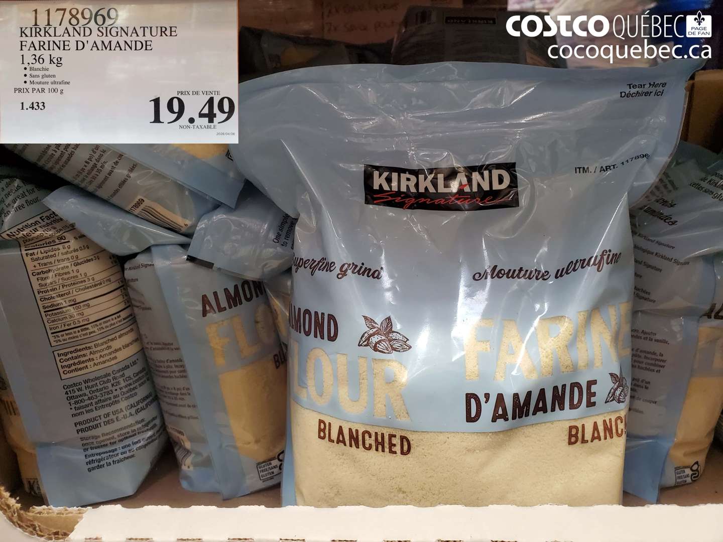 1178969 KIRKLAND SIGNATURE FARINE D'AMANDE 1.36 KG $19.49