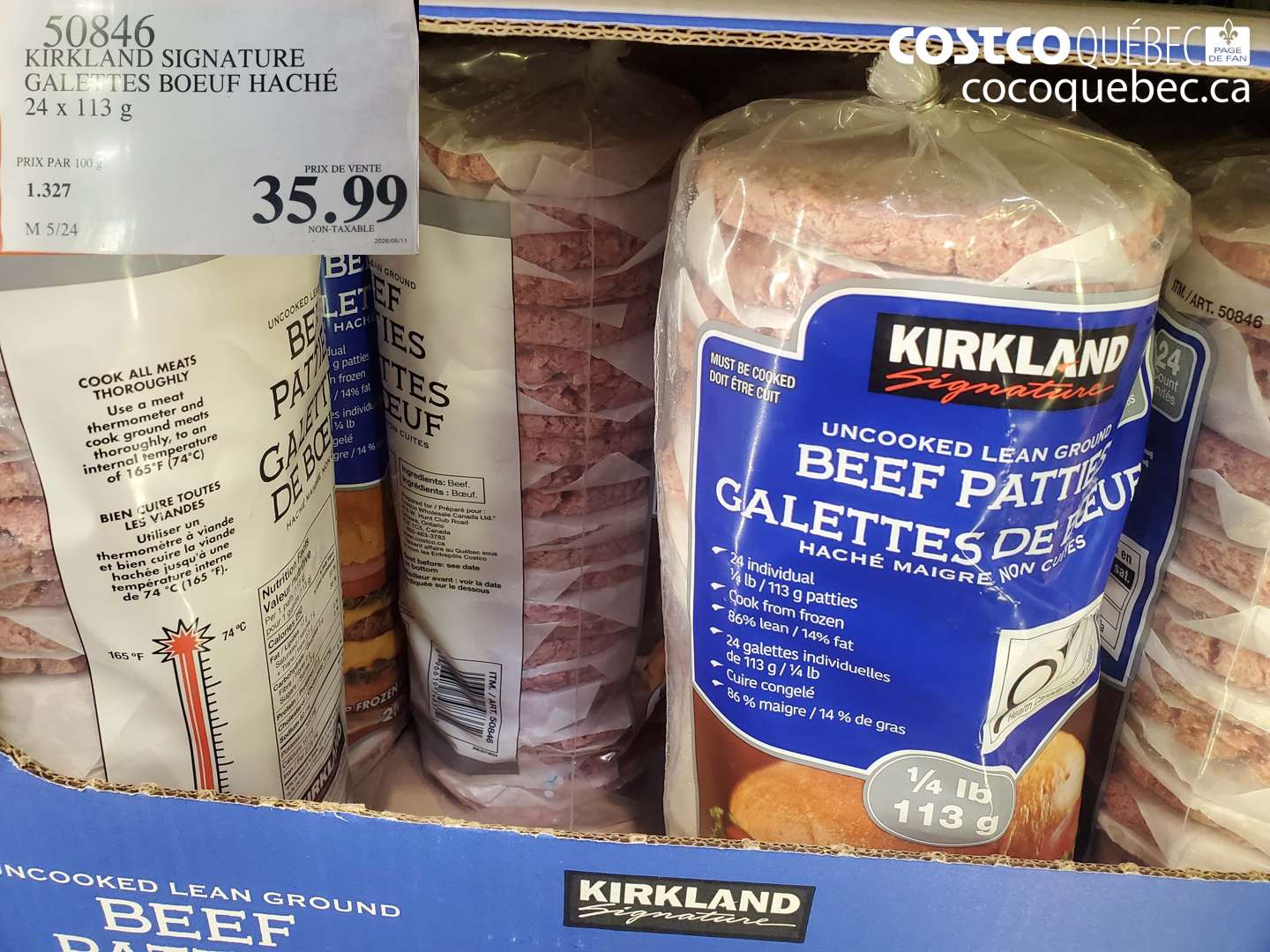 50846 KIRKLAND SIGNATURE GALETTES BOEUF HACHÉ 24 X 113 G $35.99