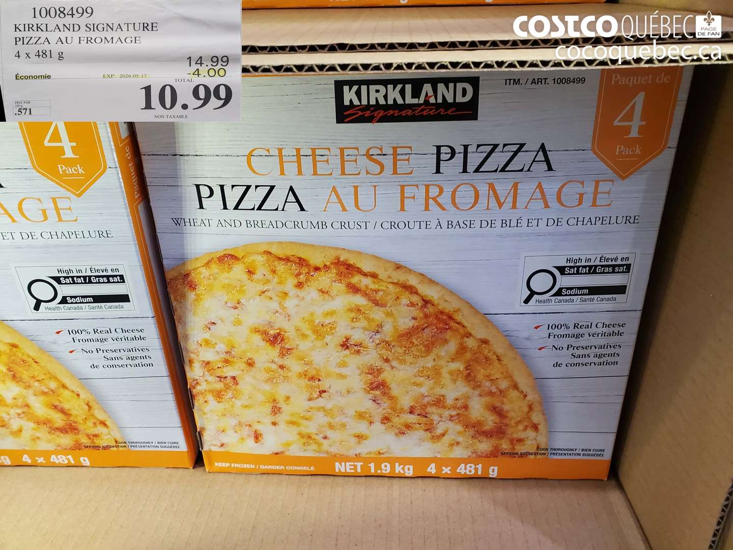 1008499 KIRKLAND SIGNATURE PIZZA AU FROMAGE 4 X 481 G ($4.00 INSTANT SAVINGS EXPIRES ON 2026-05-17) $10.99