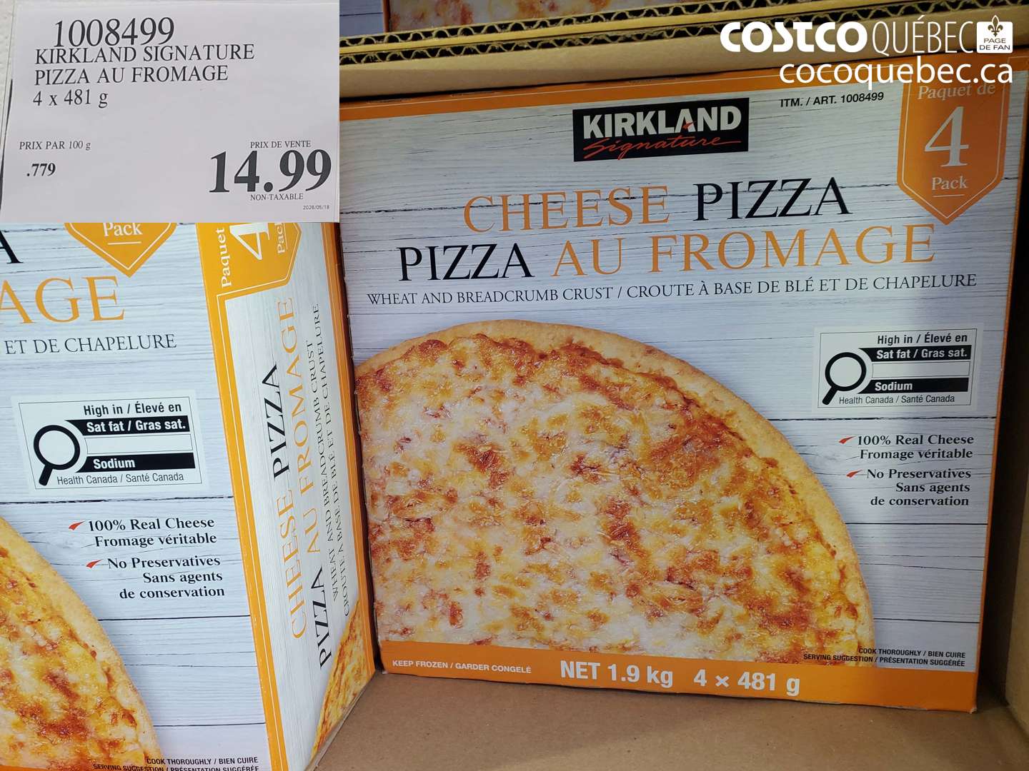 1008499 KIRKLAND SIGNATURE PIZZA AU FROMAGE 4 x 481 G $14.99