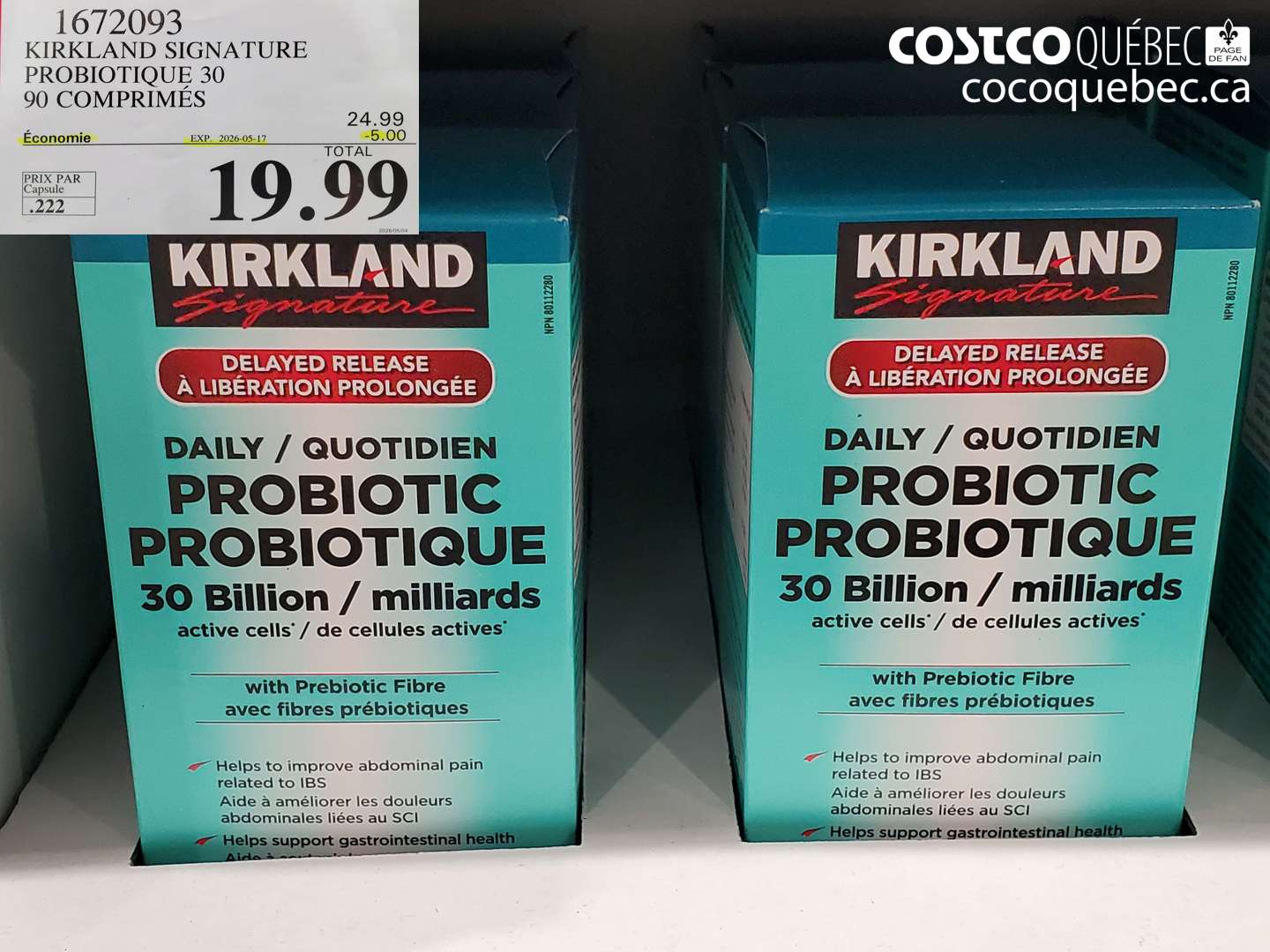 1672093 KIRKLAND SIGNATURE PROBIOTIQUE 30 90 COMPRIMÉS ($5.00 INSTANT SAVINGS EXPIRES ON 2026-05-17) $19.99