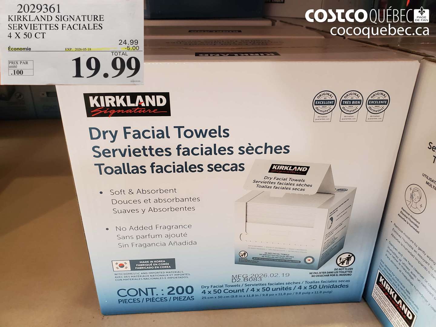 2029361 KIRKLAND SIGNATURE SERVIETTES FACIALES 4 X 50 CT ($5.00 INSTANT SAVINGS EXPIRES ON 2026-05-18) $19.99