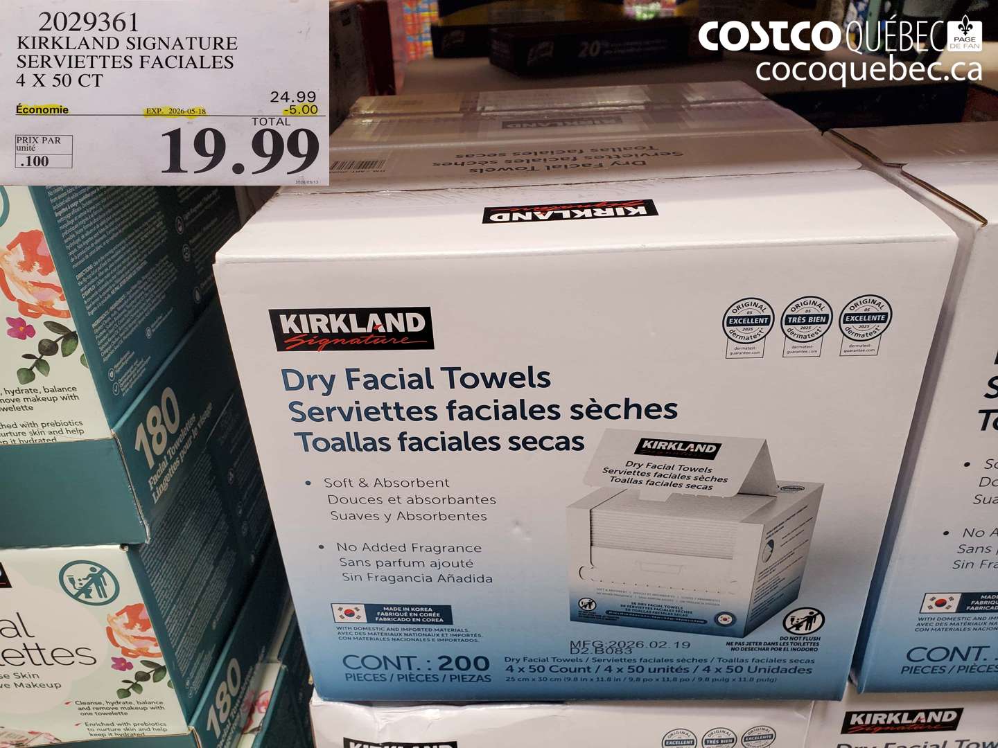 2029361 KIRKLAND SIGNATURE SERVIETTES FACIALES 4 X 50 CT ($5.00 INSTANT SAVINGS EXPIRES ON 2026-05-18) $19.99