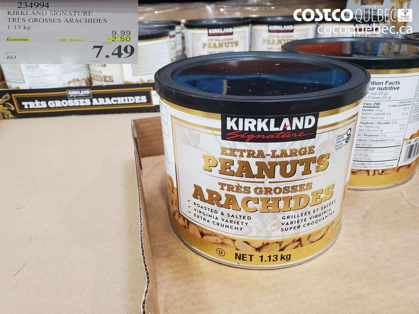 234994 KIRKLAND SIGNATURE TRÈS GROSSES ARACHIDES 1.13 KG ($2.50 INSTANT SAVINGS EXPIRES ON 2026-05-31) $7.49