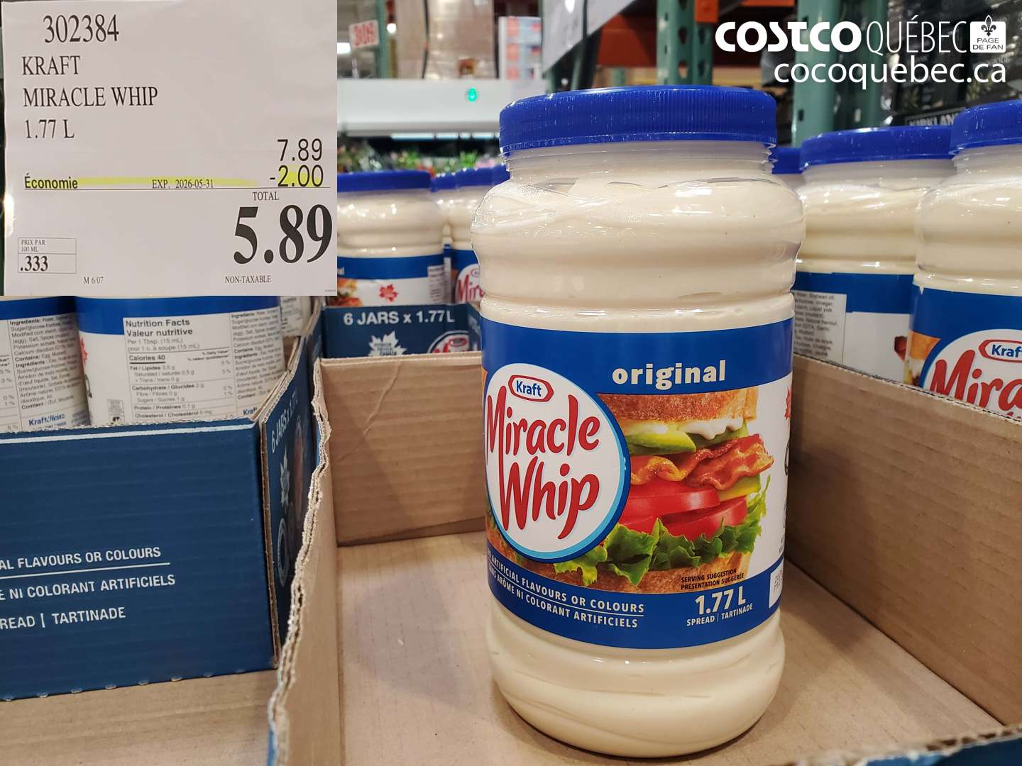 302384 KRAFT MIRACLE WHIP 1.77 L ($2.00 INSTANT SAVINGS EXPIRES ON 2026-05-31) $5.89