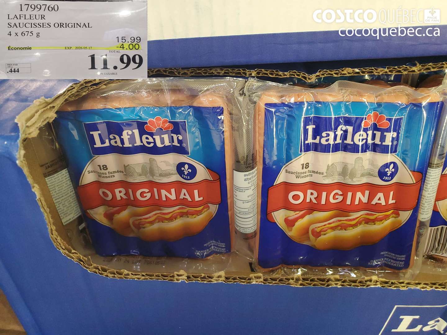 1799760 LAFLEUR SAUCISSES ORIGINAL 4 X 675 G ($4.00 INSTANT SAVINGS EXPIRES ON 2026-05-17) $11.99