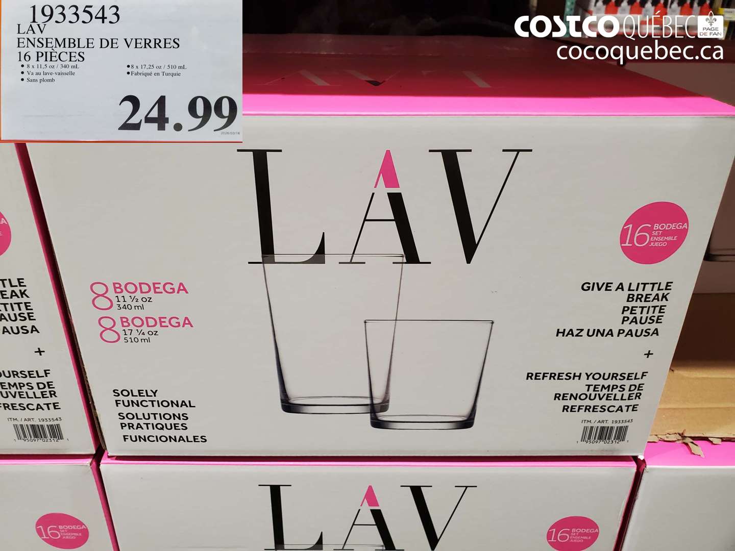 1933543 LAV ENSEMBLE DE VERRES 16 PIÈCES $24.99