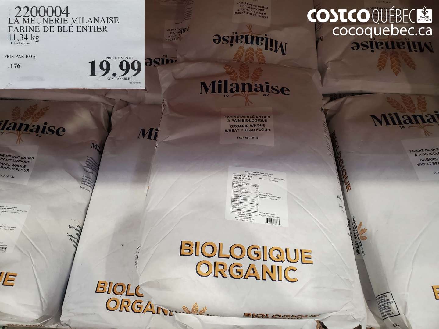 2200004 LA MEUNERIE MILANAISE FARINE DE BLÉ ENTIER 11.34 KG $19.99