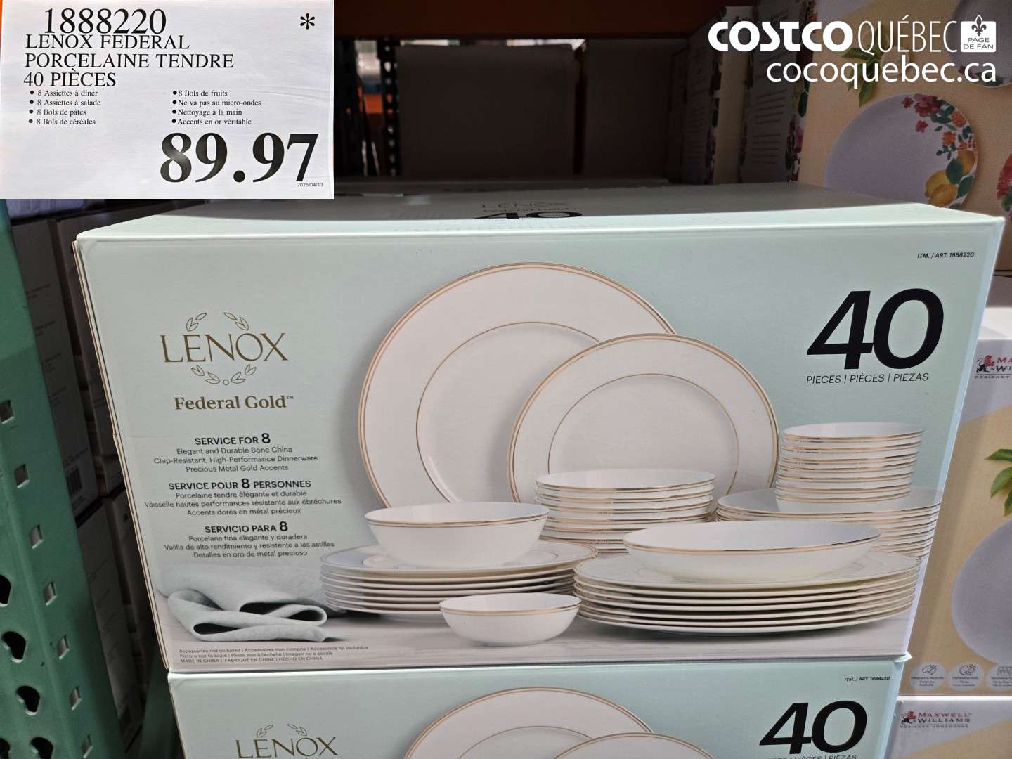 1888220 LENOX FEDERAL PORCELAINE TENDRE 40 PIÈCES $89.97