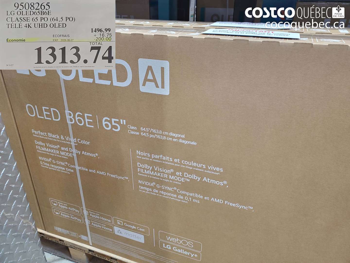 9508265 LG OLED65B6E CLASSE 65 PO (64.5 PO) TÉLÉ 4K UHD OLED ($200.00 INSTANT SAVINGS EXPIRES ON 2026-06-07) $1313.74