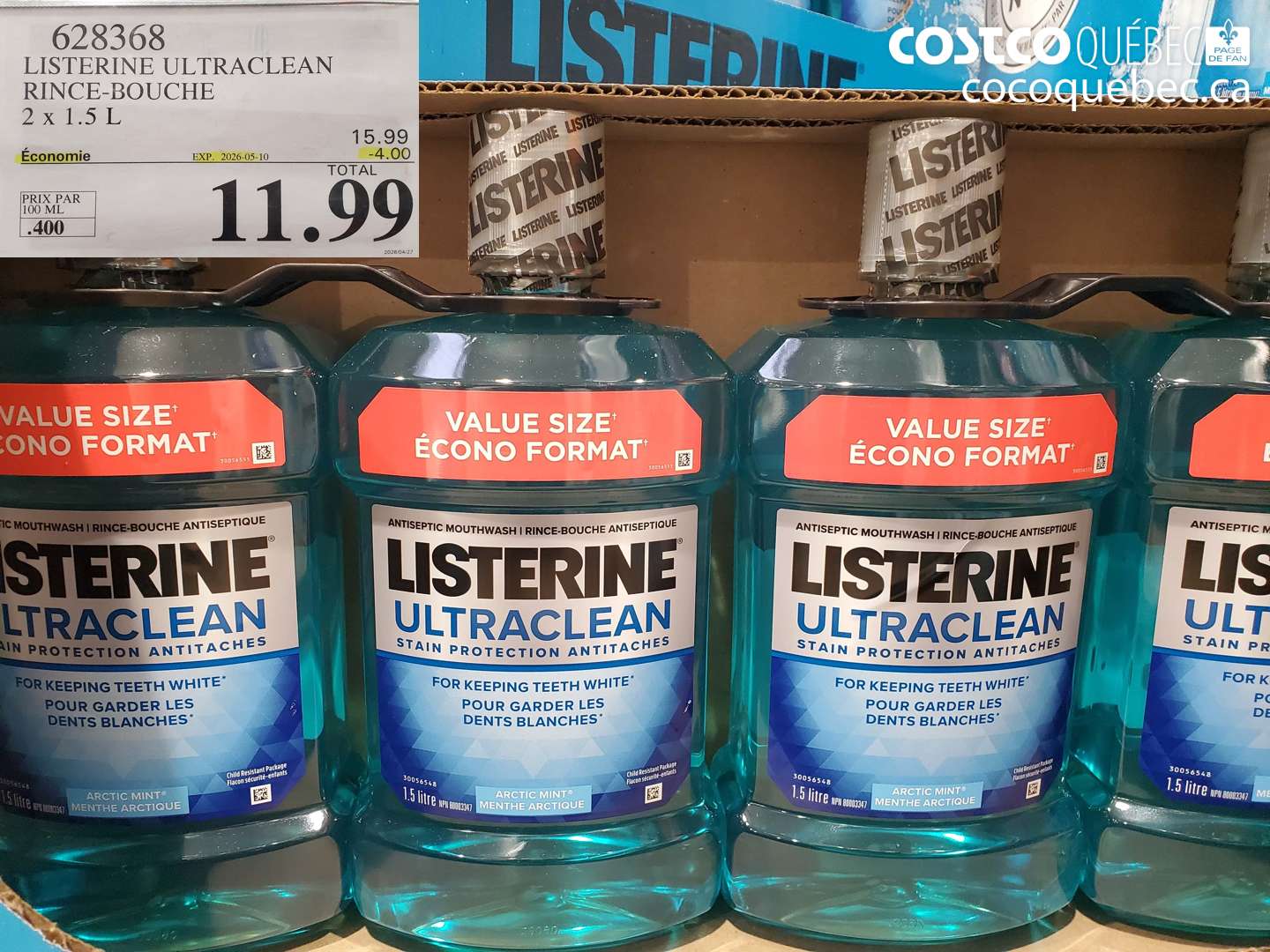 628368 LISTERINE ULTRACLEAN RINCE-BOUCHE 2 X 1.5 L ($4.00 INSTANT SAVINGS EXPIRES ON 2026-05-10) $11.99