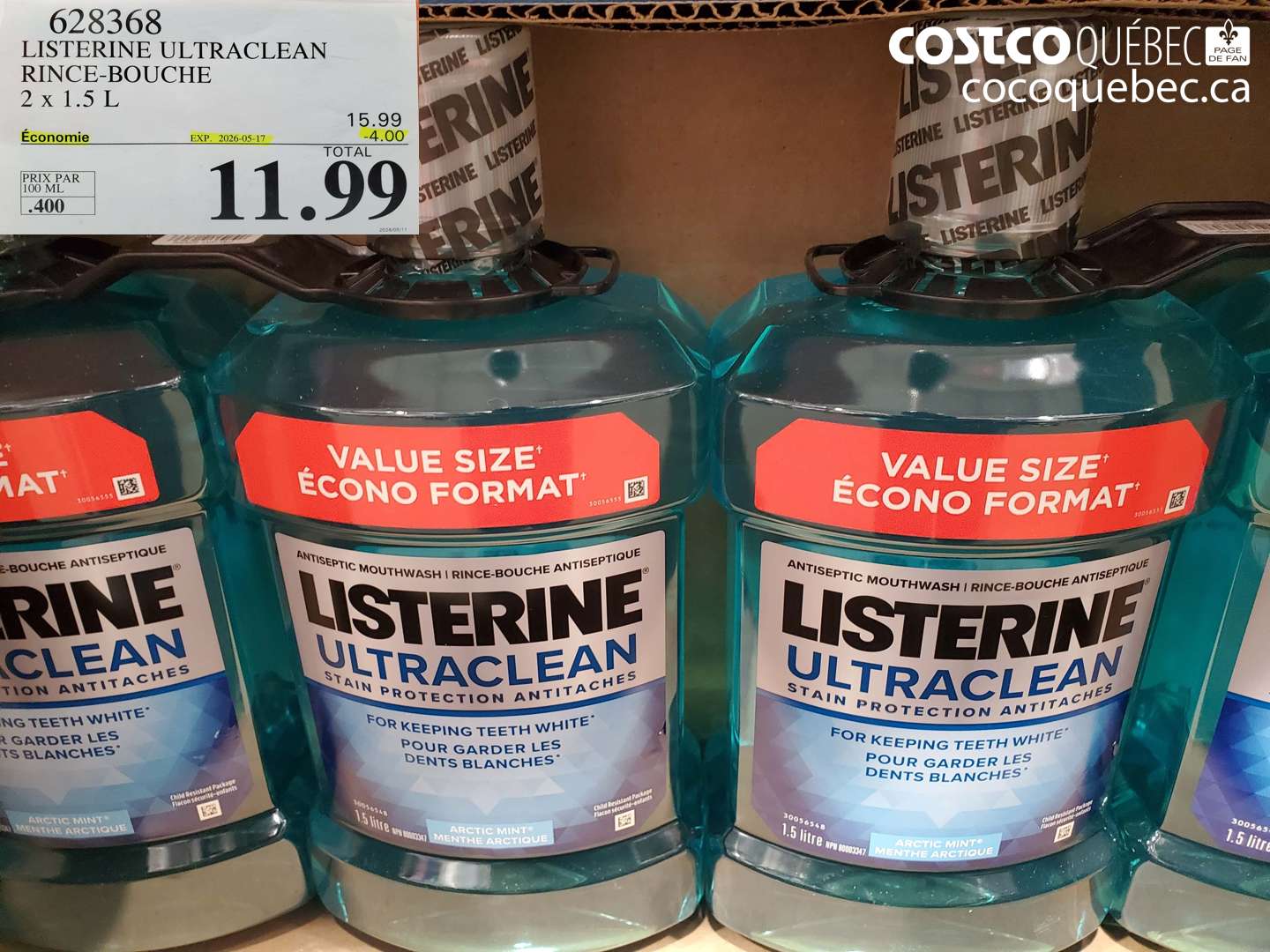 628368 LISTERINE ULTRACLEAN RINCE-BOUCHE 2 X 1.5 L ($4.00 INSTANT SAVINGS EXPIRES ON 2026-05-17) $11.99