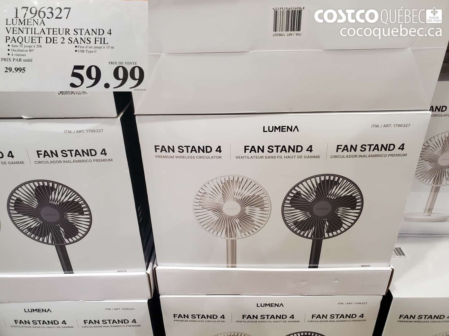 1796327 LUMENA VENTILATEUR STAND 4 PAQUET DE 2 SANS FIL $59.99