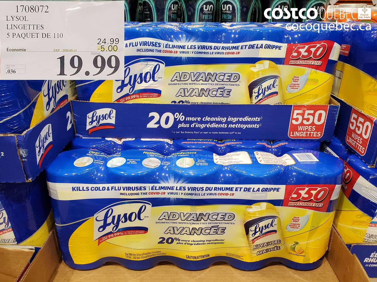 1708072 LYSOL LINGETTES 5 PAQUET DE 110 ($5.00 INSTANT SAVINGS EXPIRES ON 2026-05-10) $19.99