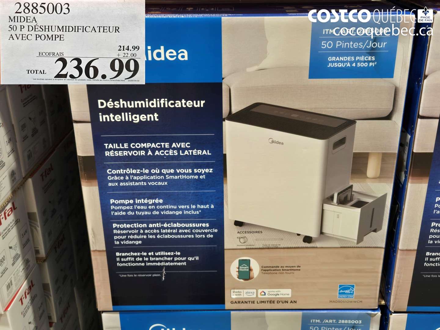 2885003 MIDEA 50 P DESHUMIDIFICATEUR AVEC POMPE $236.99