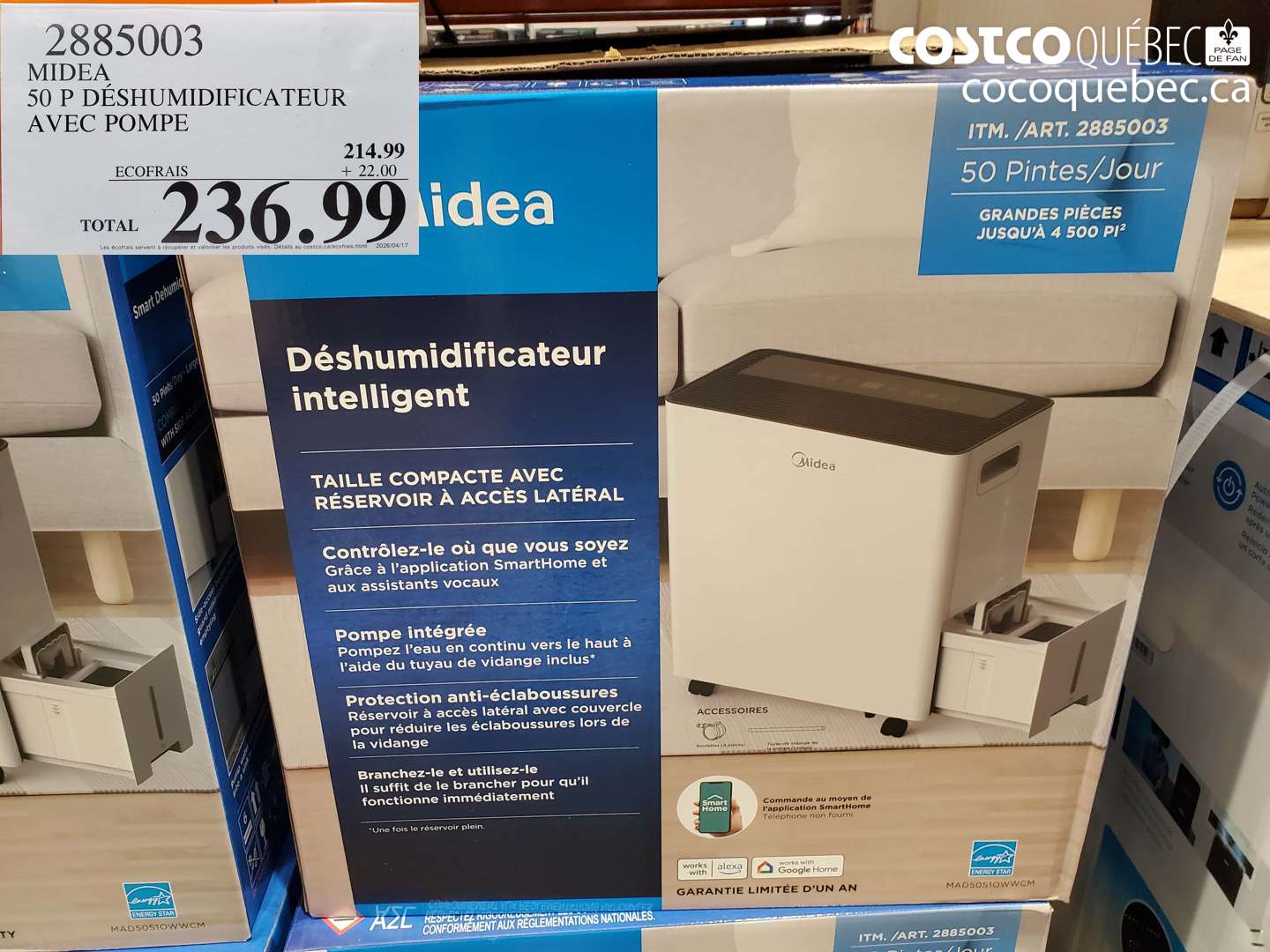2885003 MIDEA 50 P DÉSHUMIDIFICATEUR AVEC POMPE $236.99