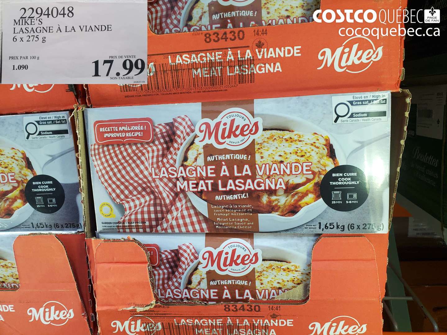 2294048 MIKE'S LASAGNE À LA VIANDE 6 X 275 G $17.99