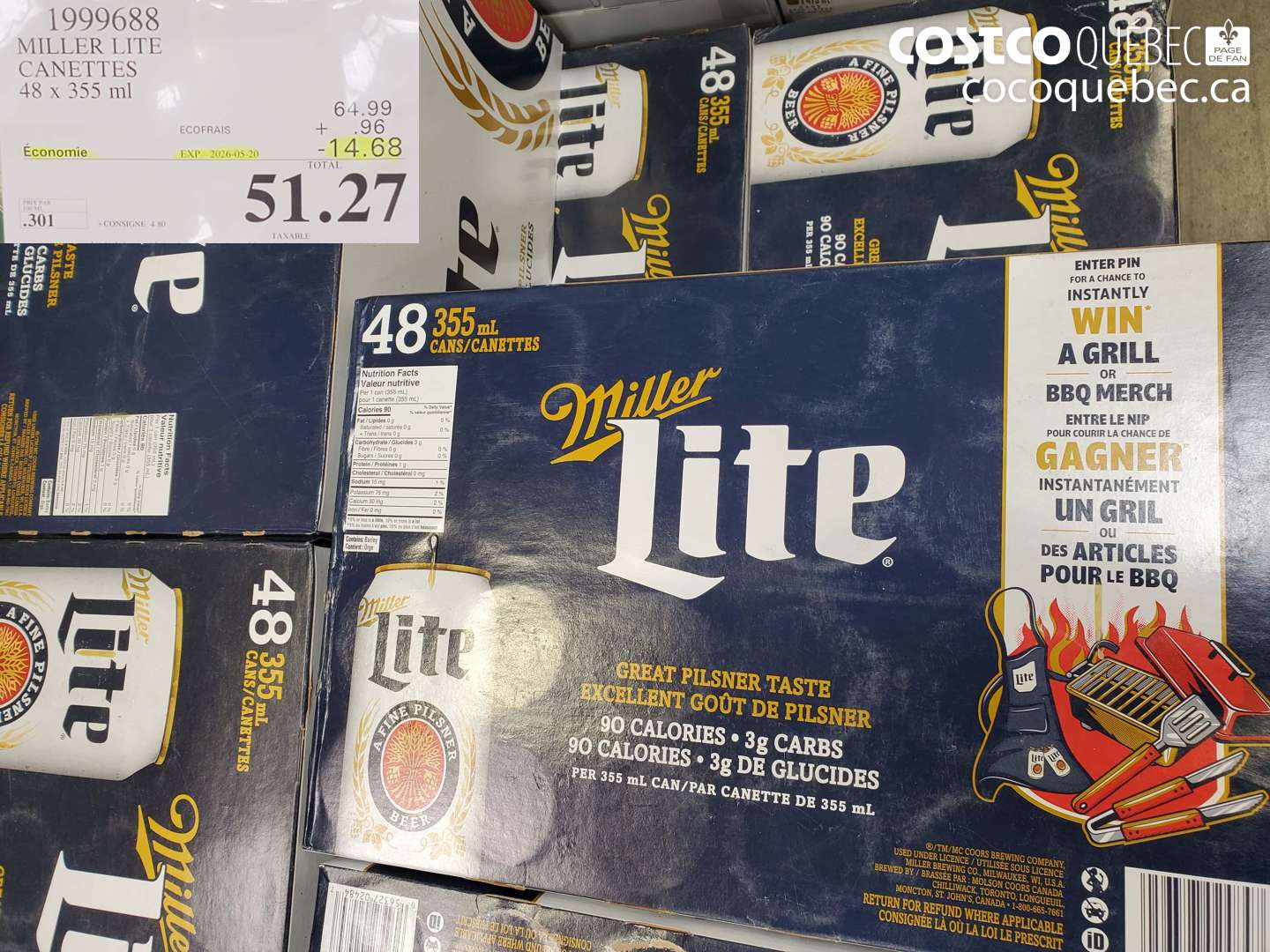 1999688 MILLER LITE CANETTES 48 X 355 ML ($14.68 INSTANT SAVINGS EXPIRES ON 2026-05-20) $51.27