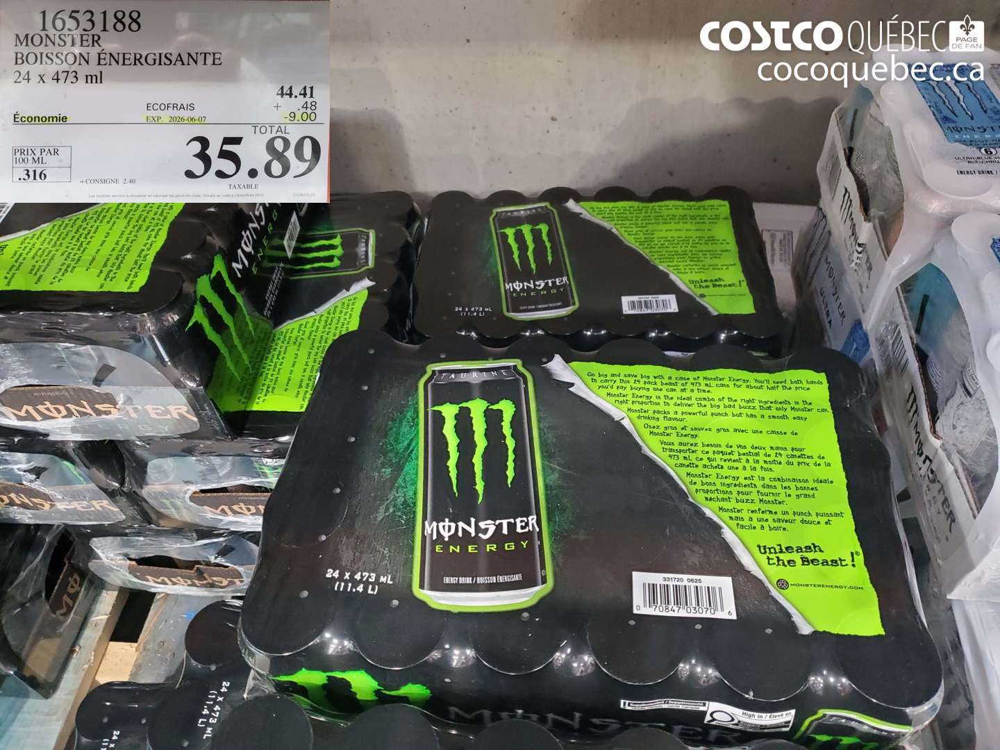 1653188 MONSTER BOISSON ÉNERGISANTE 24 X 473 ML ($9.00 INSTANT SAVINGS EXPIRES ON 2026-06-07) $35.89
