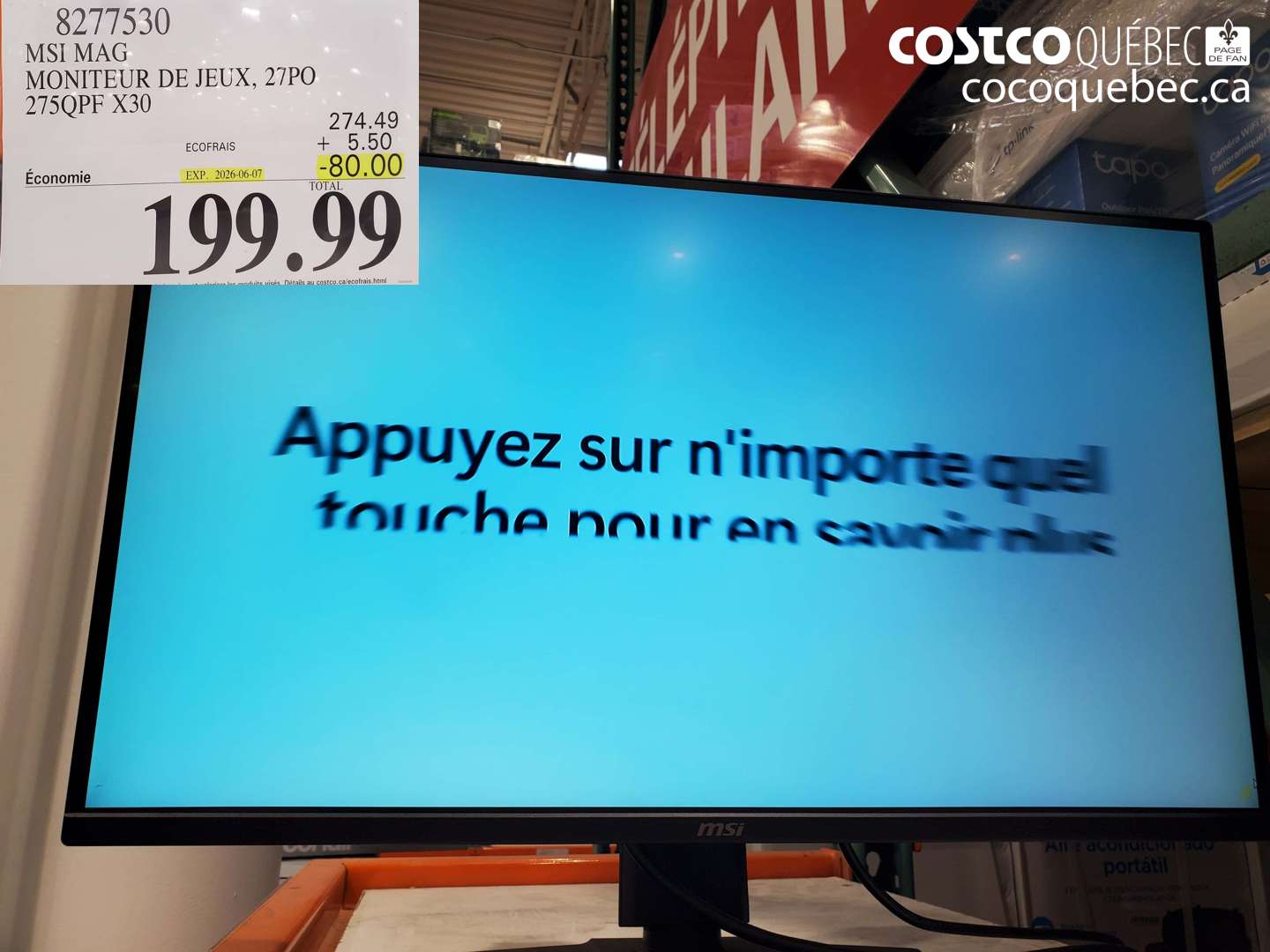 8277530 MSI MAG MONITEUR DE JEUX, 27PO 275QPF X30 ($80.00 INSTANT SAVINGS EXPIRES ON 2026-06-07) $199.99