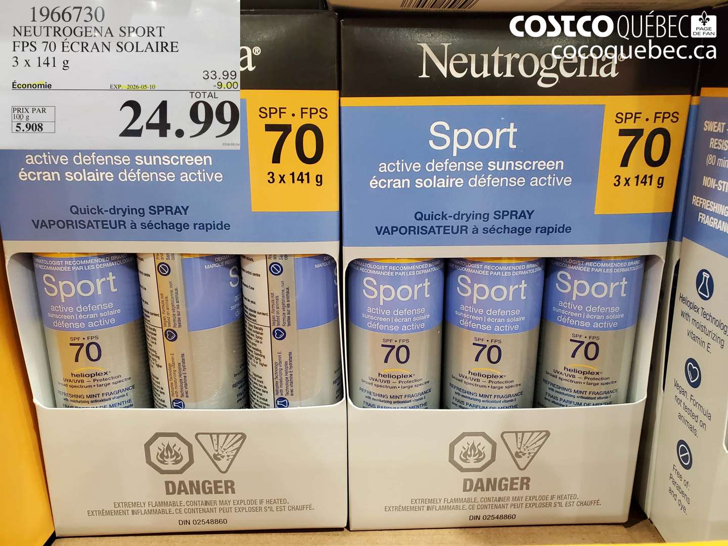 1966730 NEUTROGENA SPORT FPS 70 ÉCRAN SOLAIRE 3 X 141 G ($9.00 INSTANT SAVINGS EXPIRES ON 2026-05-10) $24.99