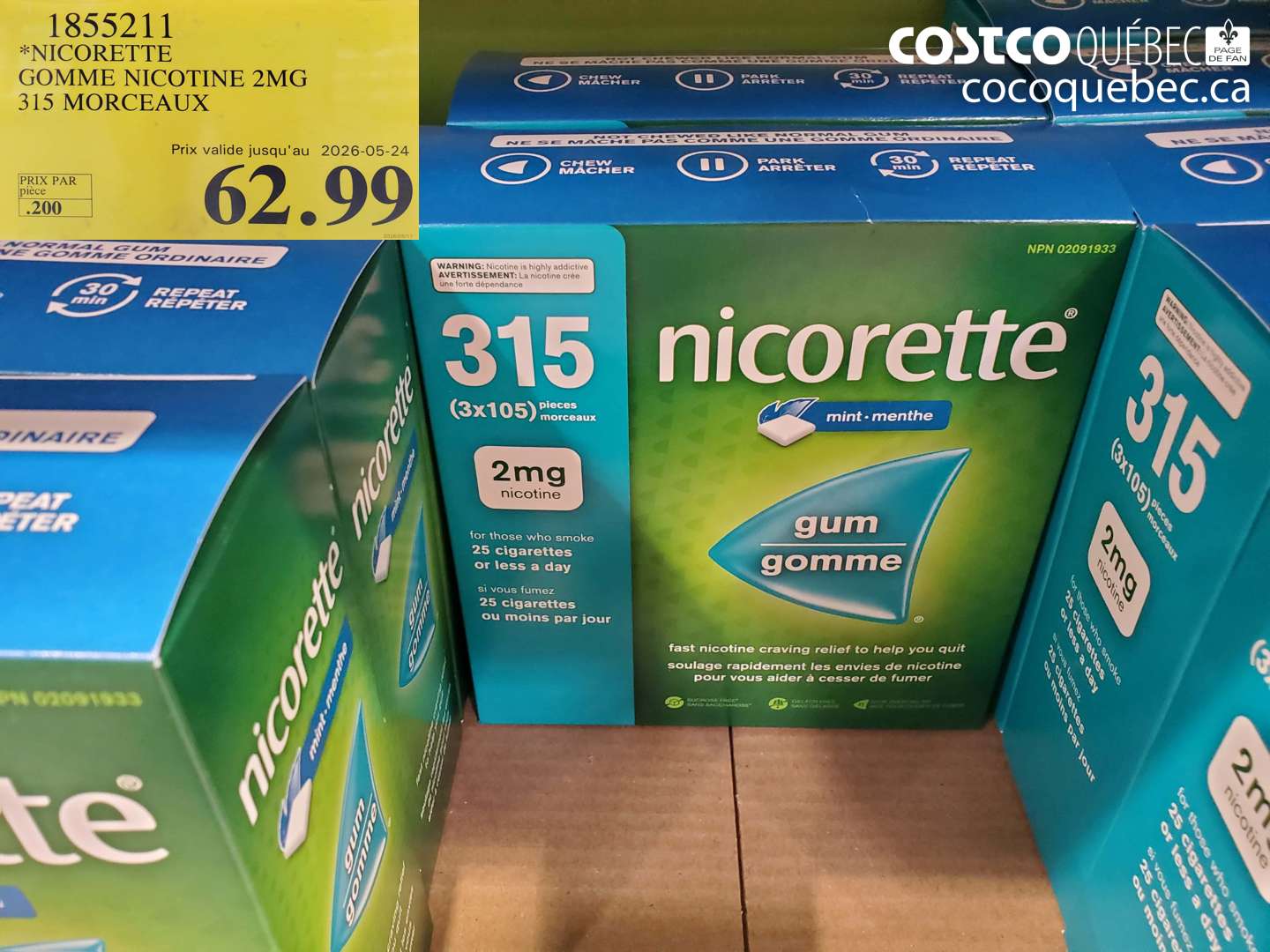 1855211 NICORETTE GOMME NICOTINE 2MG 315 MORCEAUX (EXPIRES ON 2026-05-24) $62.99