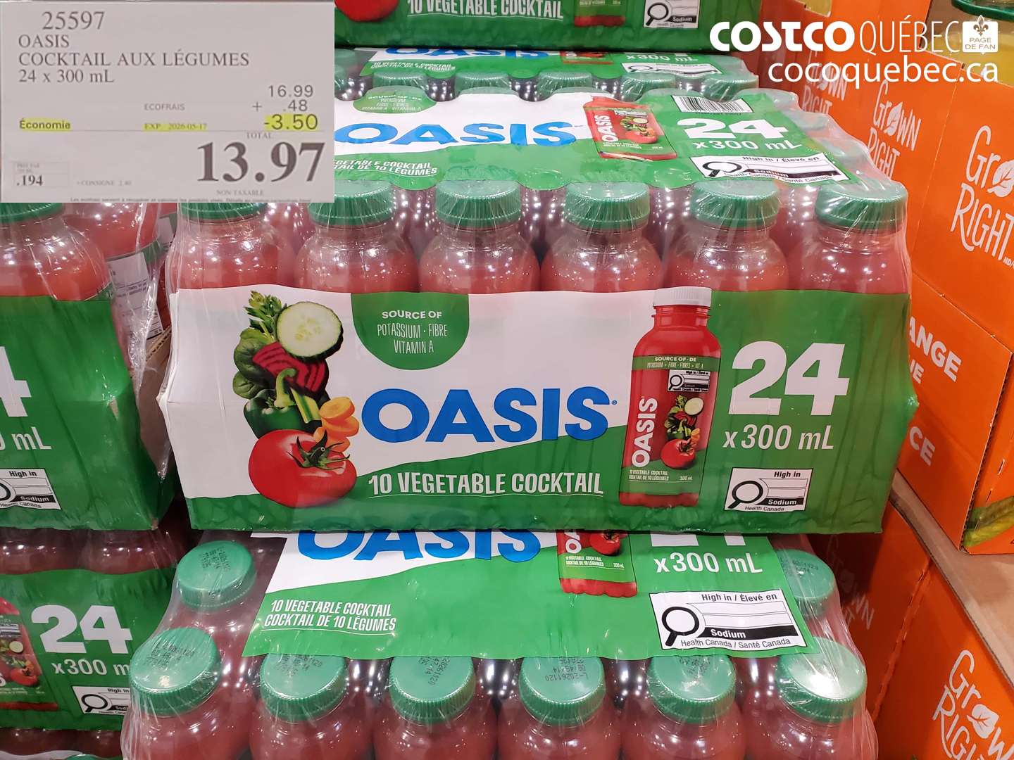 25597 OASIS COCKTAIL AUX LÉGUMES 24 X 300 ML ($3.50 INSTANT SAVINGS EXPIRES ON 2026-05-17) $13.97