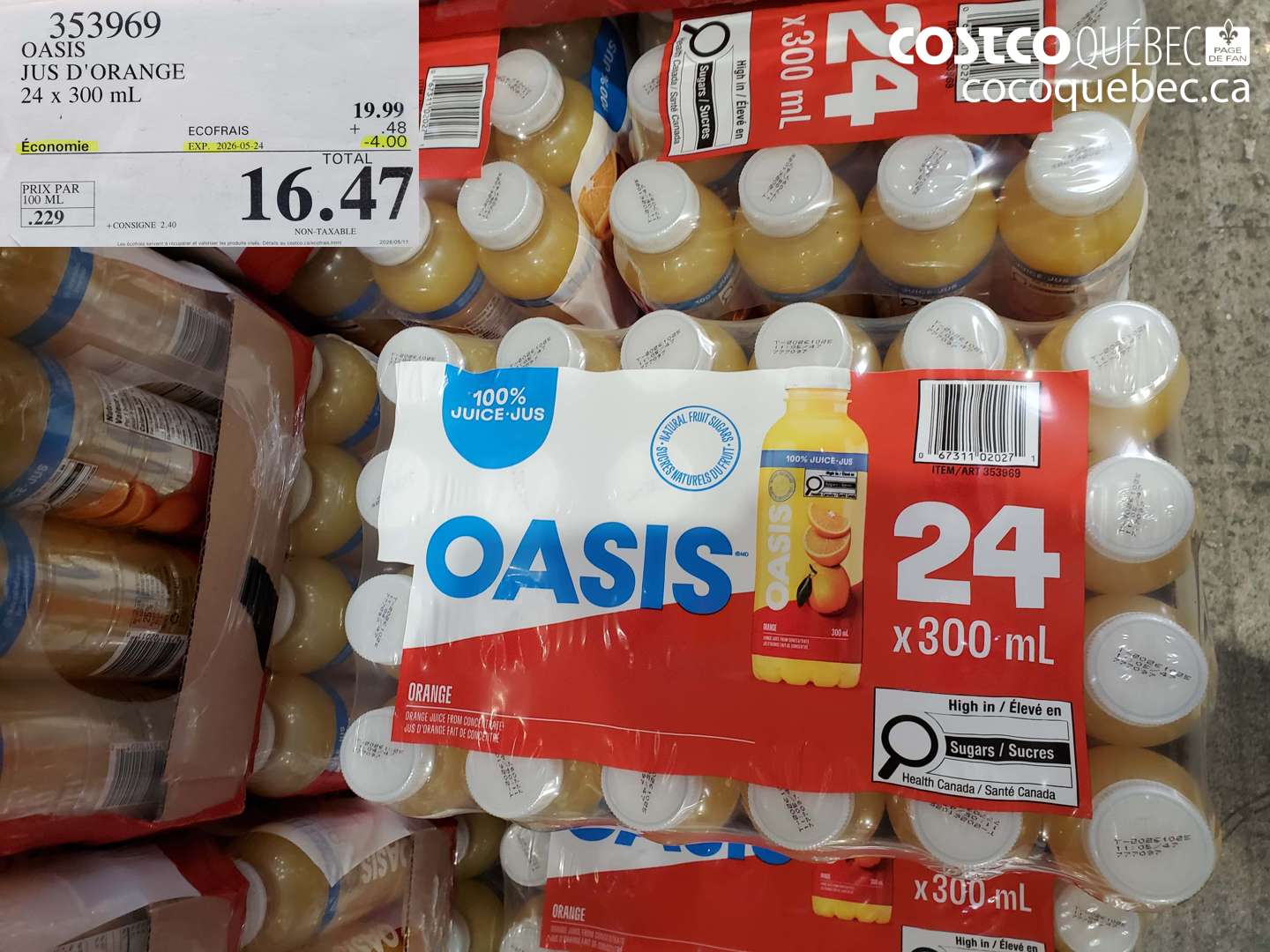 353969 OASIS JUS D'ORANGE 24 X 300 ML ($4.00 INSTANT SAVINGS EXPIRES ON 2026-05-24) $16.47