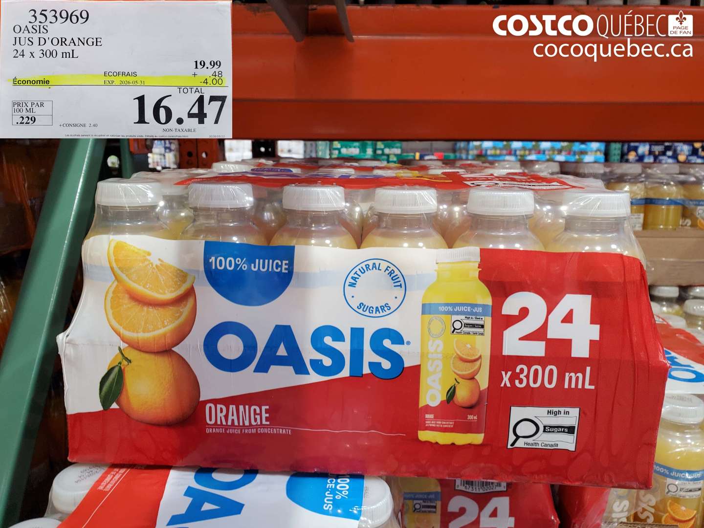 353969 OASIS JUS D'ORANGE 24 X 300 ML ($4.00 INSTANT SAVINGS EXPIRES ON 2026-05-31) $16.47