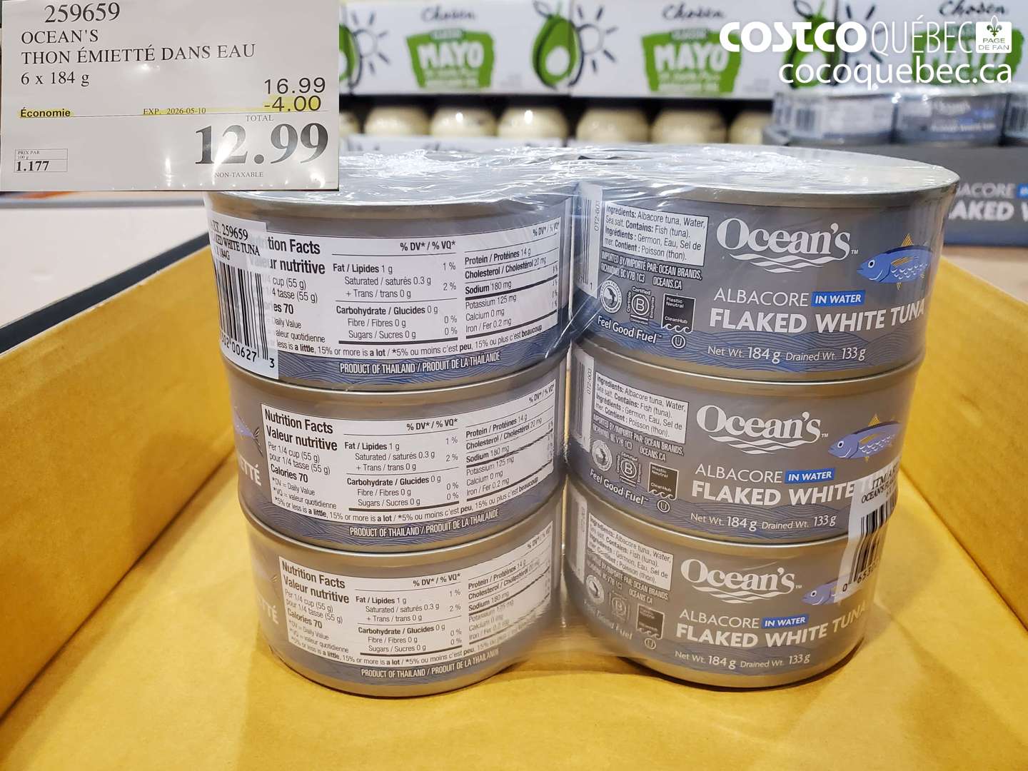 259659 OCEAN'S THON ÉMIETTÉ DANS EAU 6 X 184 G ($4.00 INSTANT SAVINGS EXPIRES ON 2026-05-10) $12.99