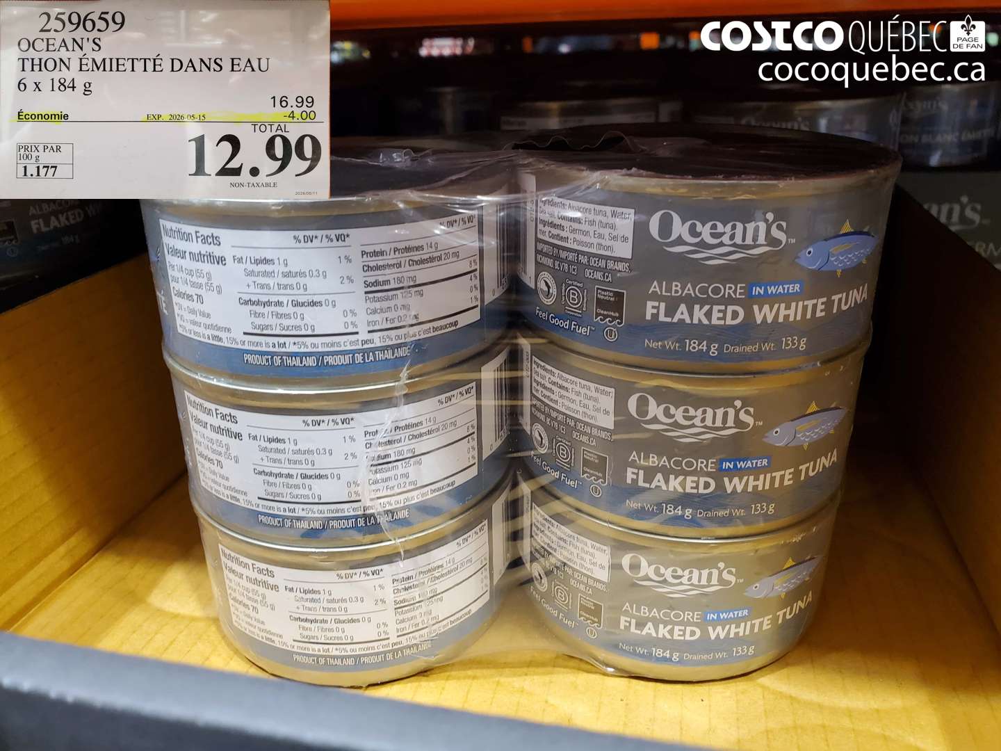 259659 OCEAN'S THON ÉMIETTÉ DANS EAU 6 X 184 G ($4.00 INSTANT SAVINGS EXPIRES ON 2026-05-15) $12.99