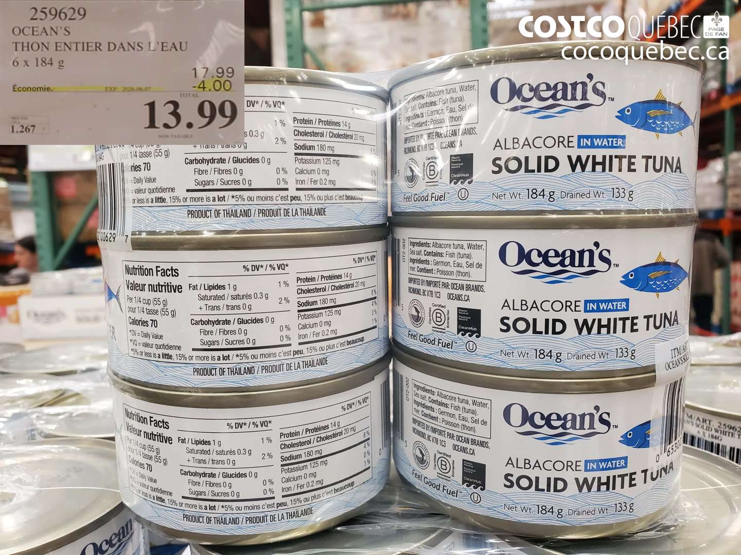 259629 OCEAN'S THON ENTIER DANS L'EAU 6 X 184 G ($4.00 INSTANT SAVINGS EXPIRES ON 2023-05-07) $13.99