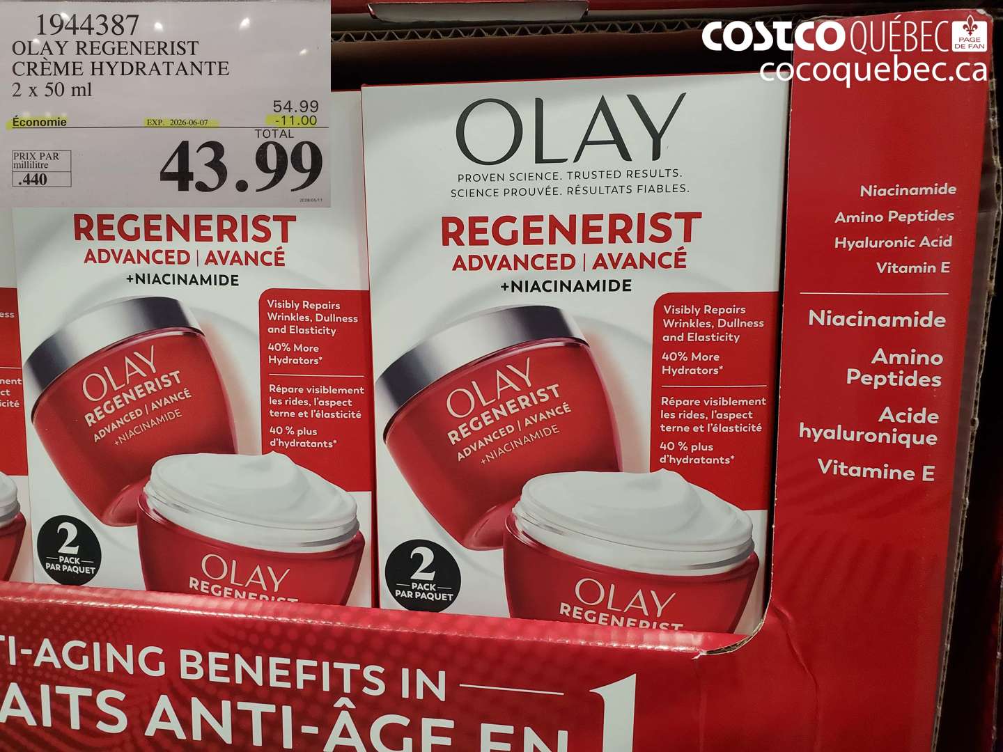 1944387 OLAY REGENERIST CRÈME HYDRATANTE 2 X 50 ML ($11.00 INSTANT SAVINGS EXPIRES ON 2026-06-07) $43.99