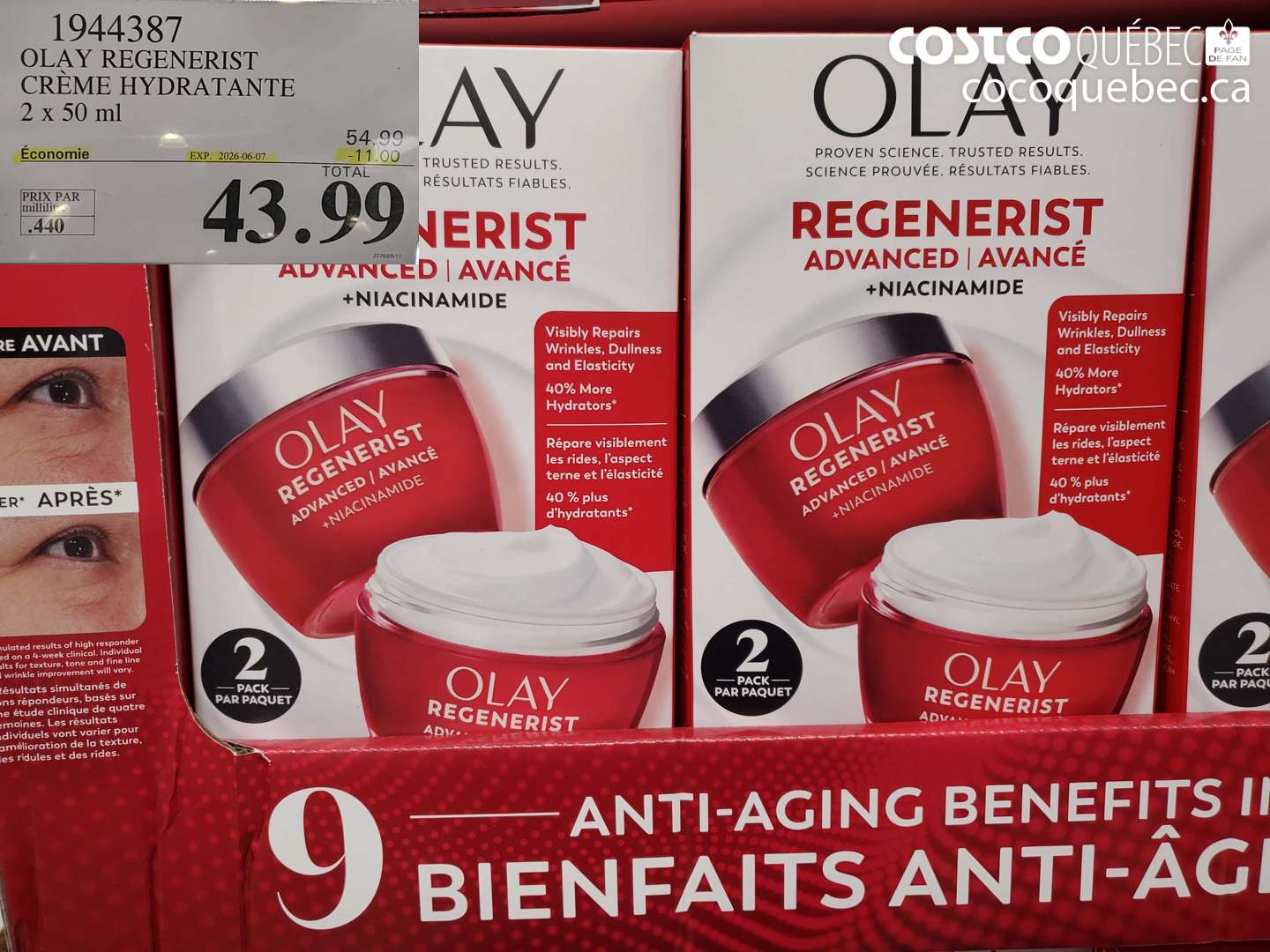 1944387 OLAY REGENERIST CRÈME HYDRATANTE 2 X 50 ML ($11.00 INSTANT SAVINGS EXPIRES ON 2026-06-07) $43.99