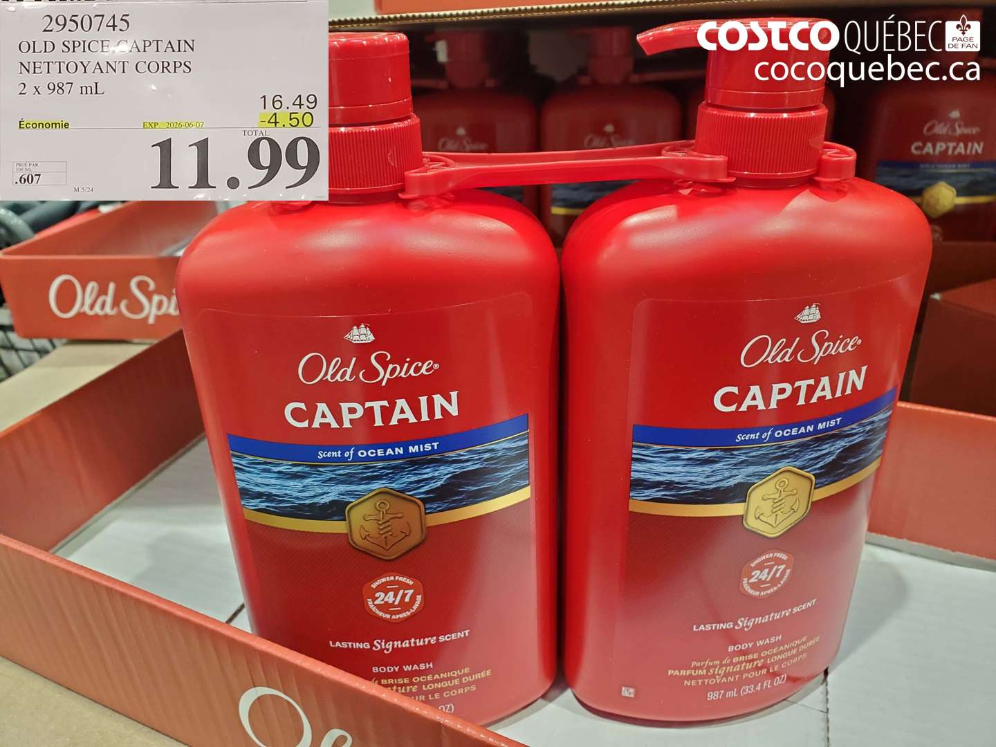 2950745 OLD SPICE CAPTAIN NETTOYANT CORPS 2 X 987 ML ($4.50 INSTANT SAVINGS EXPIRES ON 2026-06-07) $11.99