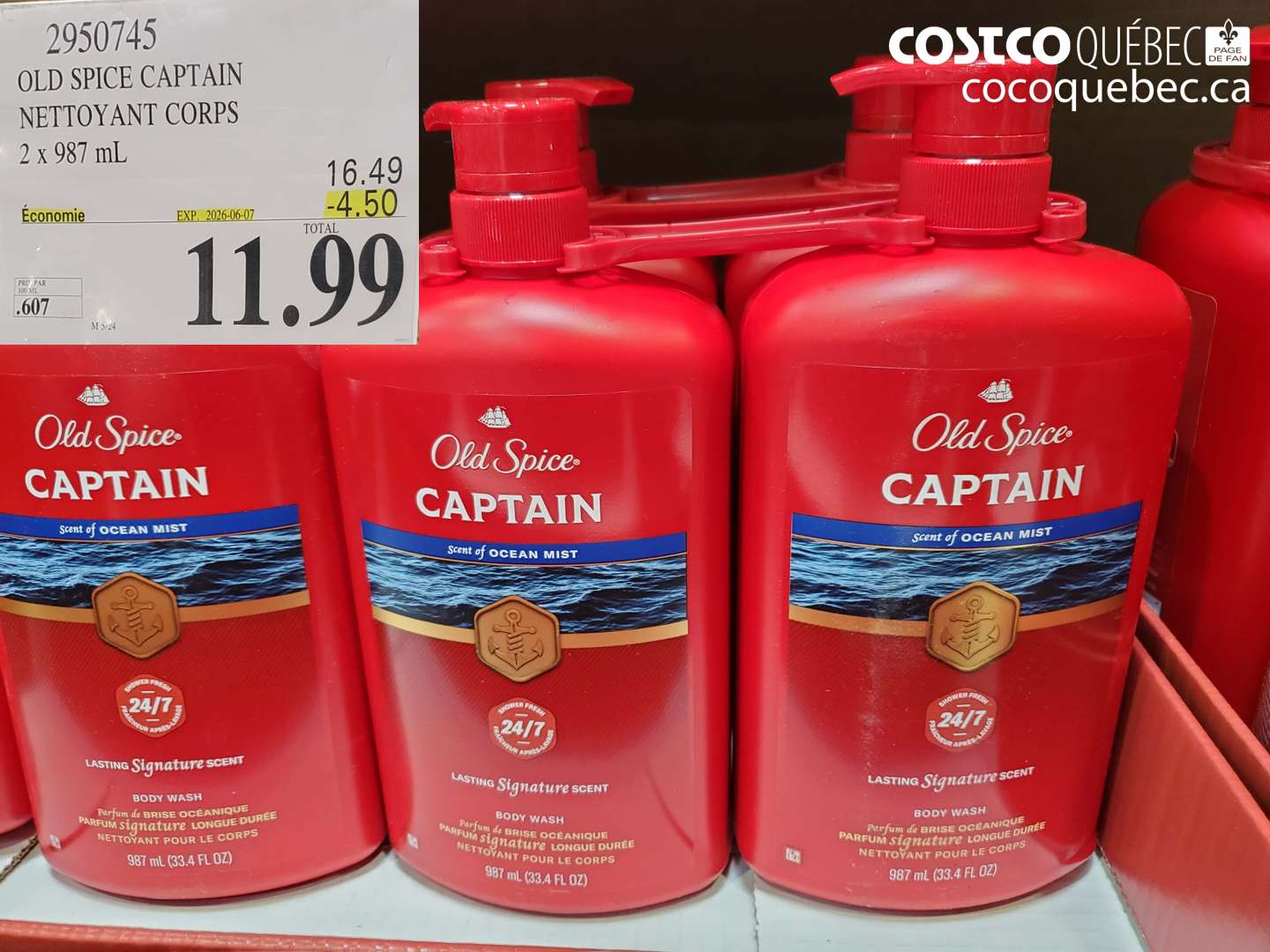 2950745 OLD SPICE CAPTAIN NETTOYANT CORPS 2 X 987 ML ($4.50 INSTANT SAVINGS EXPIRES ON 2026-06-07) $11.99